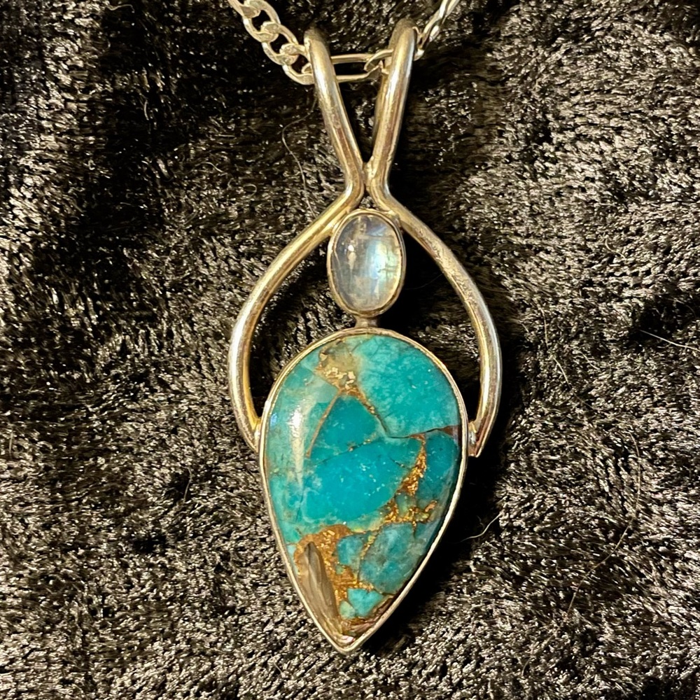Turquoise, Moonstone, & .925 Silver Pendant , Includes 18” Sterling Silver Chain